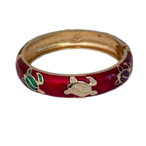 Hawaiian Enamel Turtle Honu Style Bangle Clamper Bracelet Red Green Cream Gold - Picture 2 of 7